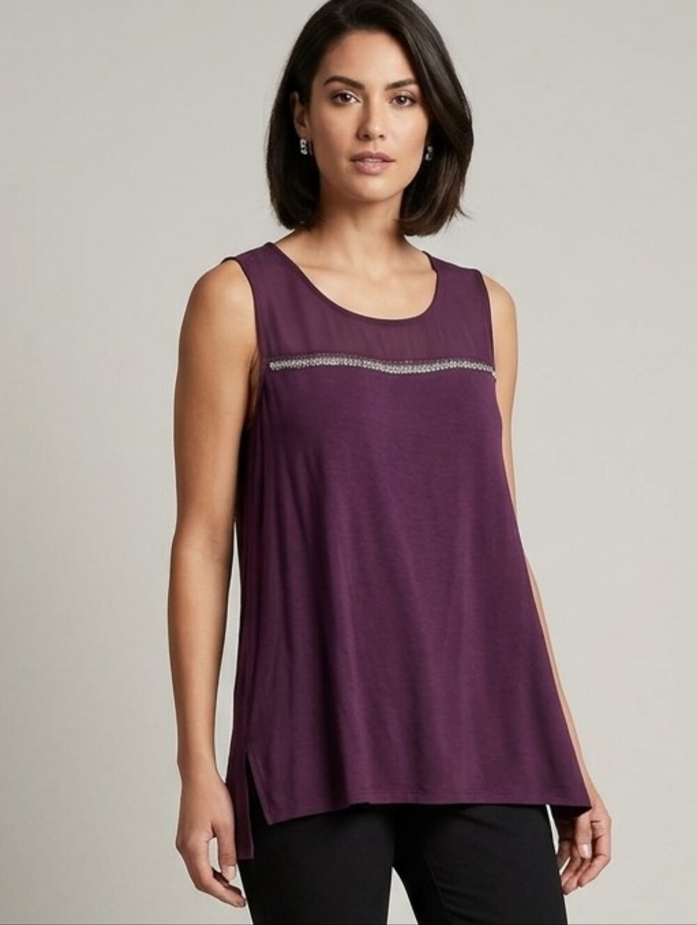 Kohls Apt 9 Dark Purple Tunic Blouse Sleeveless With Silver Embellishments Sz XL